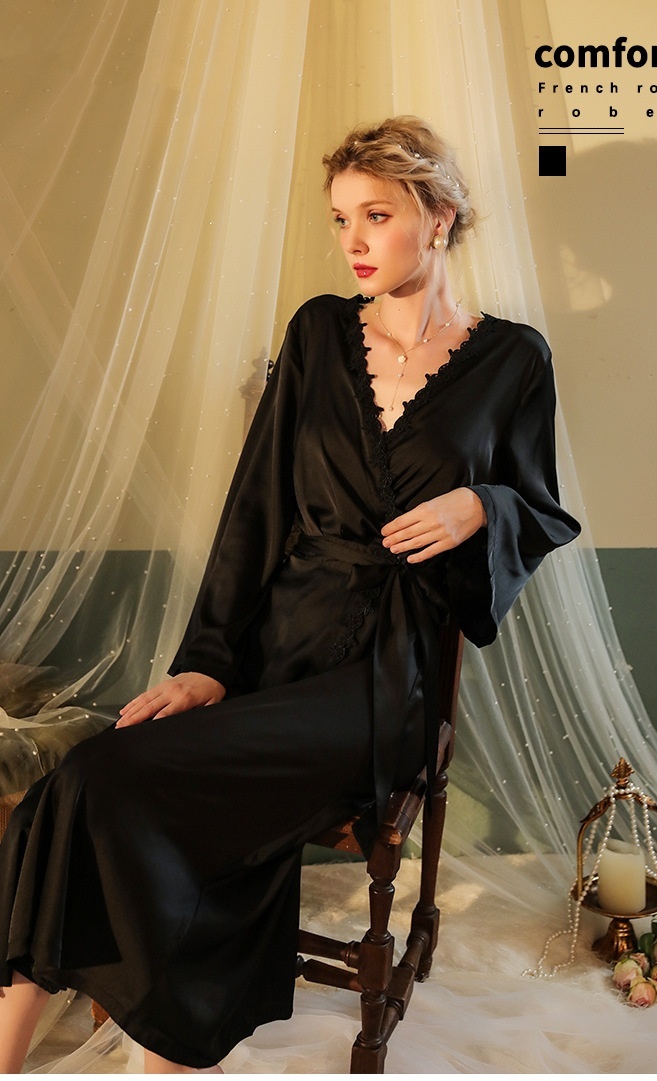 Women Pajamas Long Robe Set Lace Homewear Faux Silk Sleepwear Bathrobe